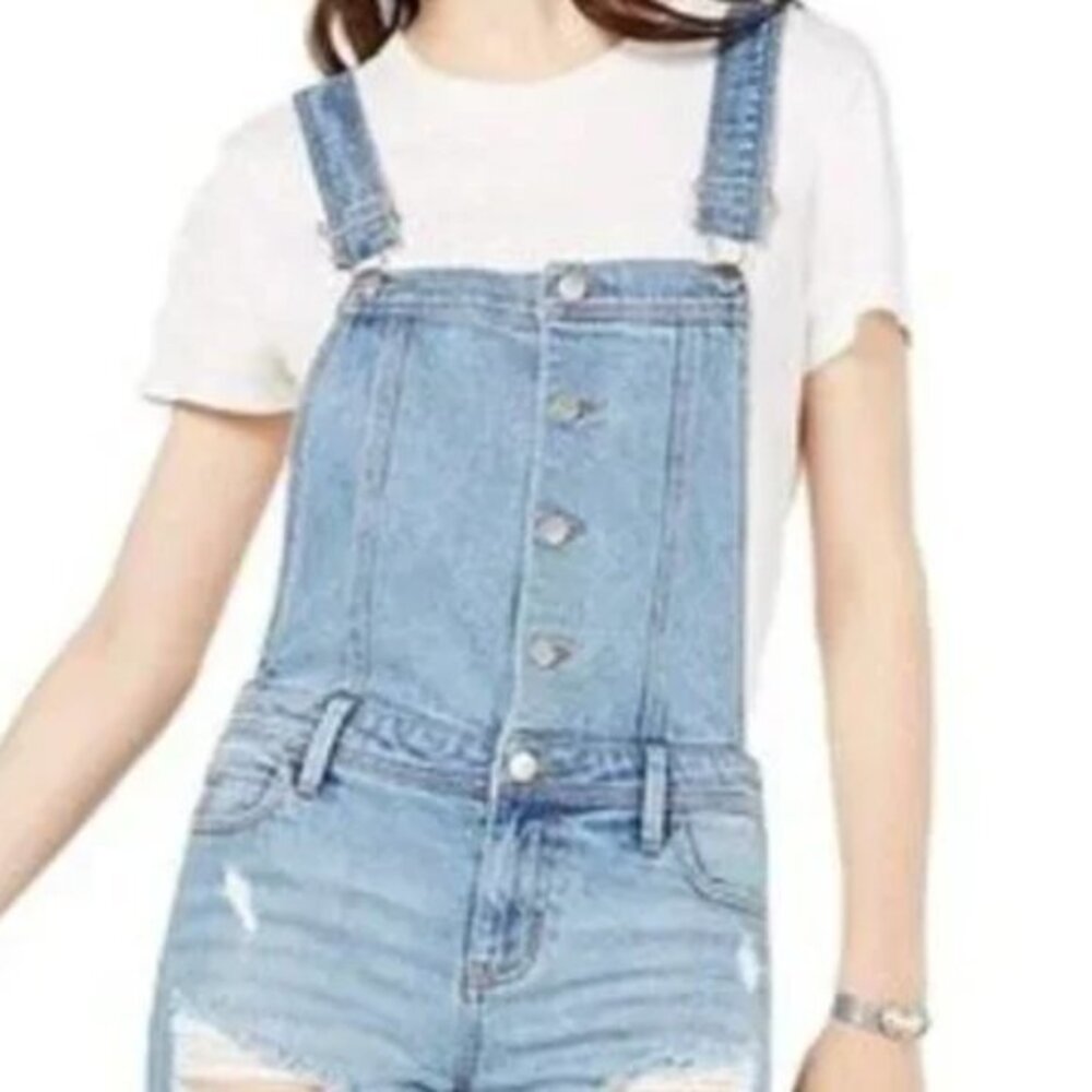 21 Tinseltown Jean Distressed & Destructed Shortall's Overalls Romper Size M